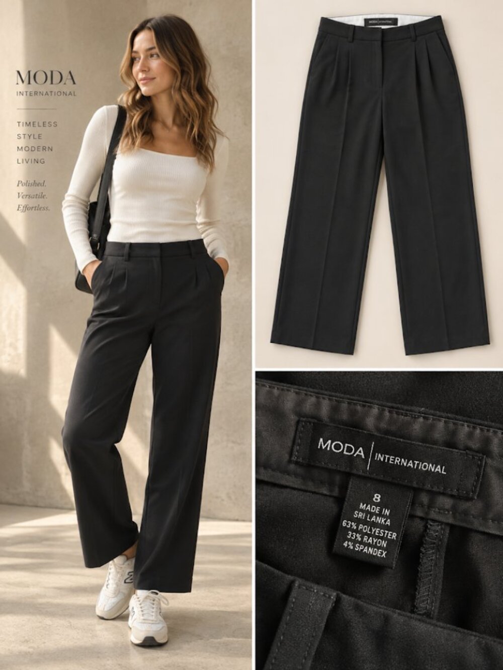 Vintage Moda International Black Pleated Wide Leg Trousers - Size 8 Tall